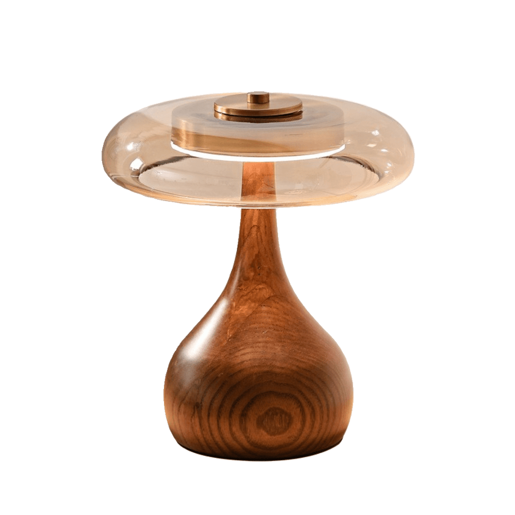 Walnut base table lamp glowing softly in an evening room