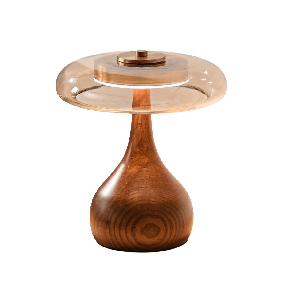Walnut base table lamp glowing softly in an evening room