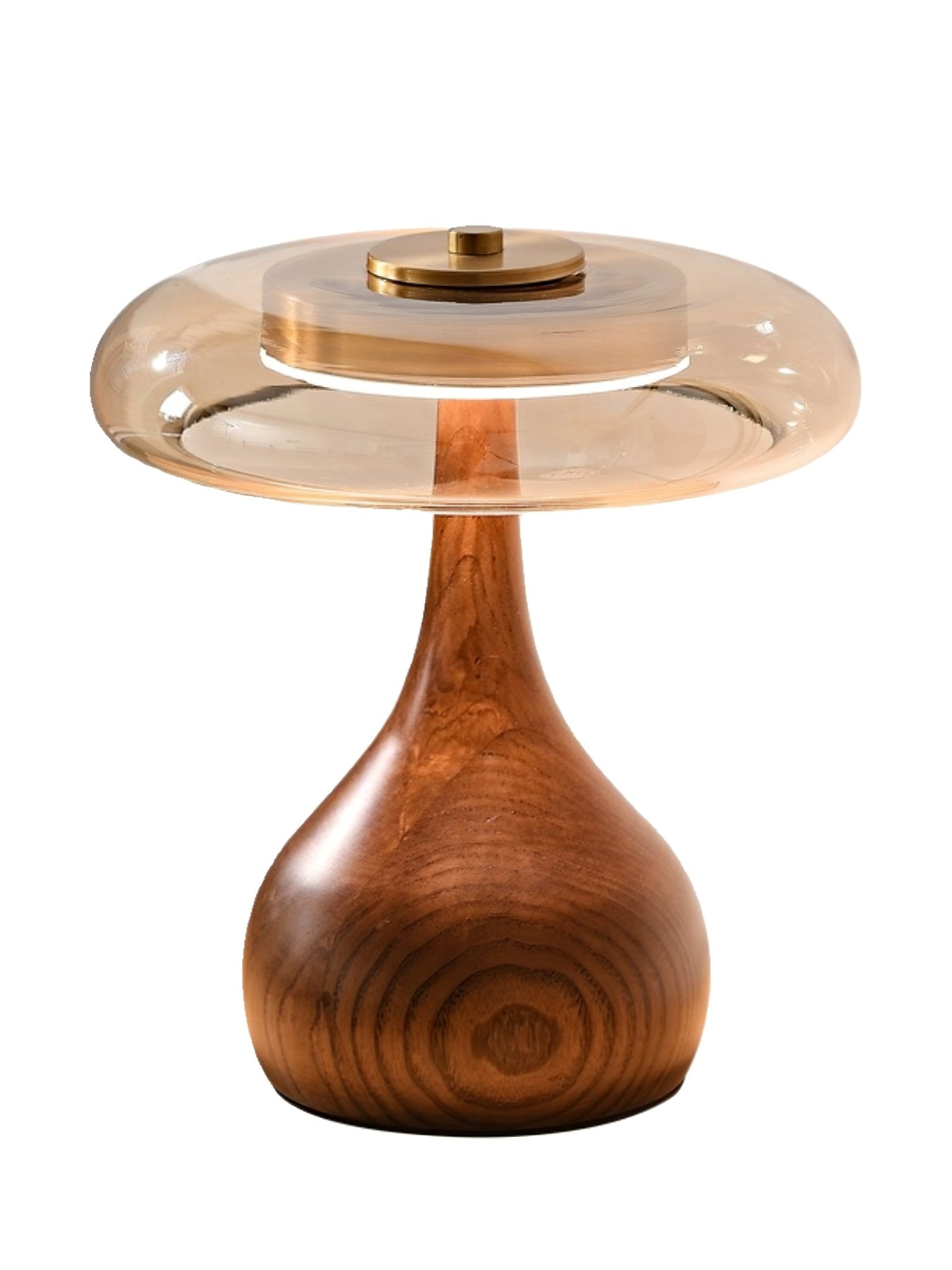 Curved wood table lamp with warm amber shade detail