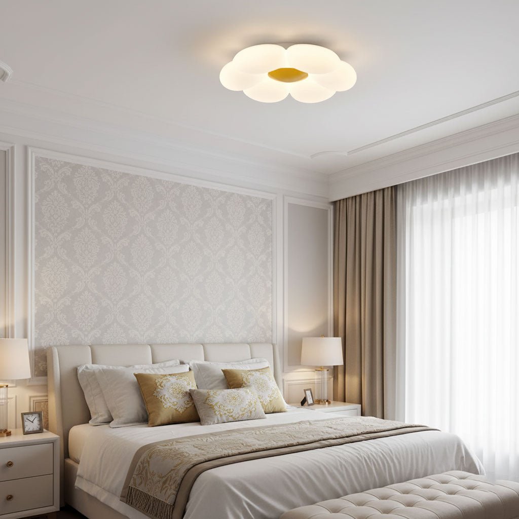 White flower ceiling light installed flush against the ceiling