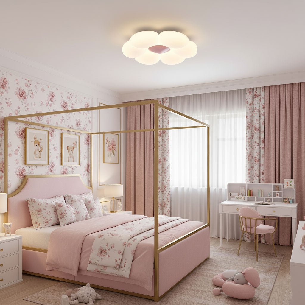 Pink flower ceiling light adding soft colour to a nursery