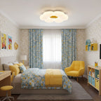 Yellow flower ceiling light casting a warm evening glow