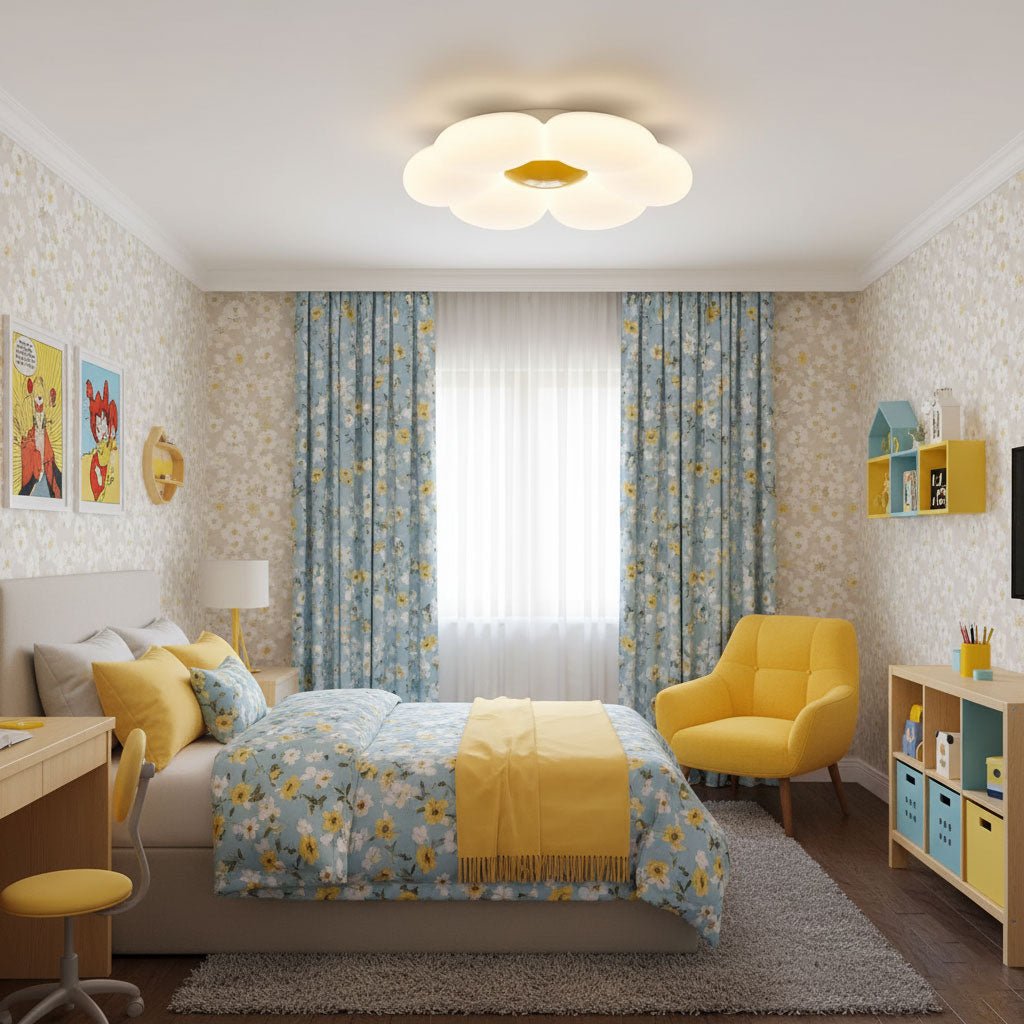 Yellow flower ceiling light casting a warm evening glow