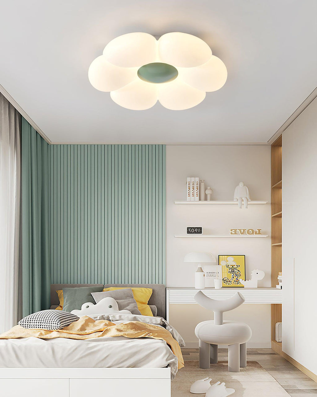 Decorative flower ceiling light glowing in a relaxed interior