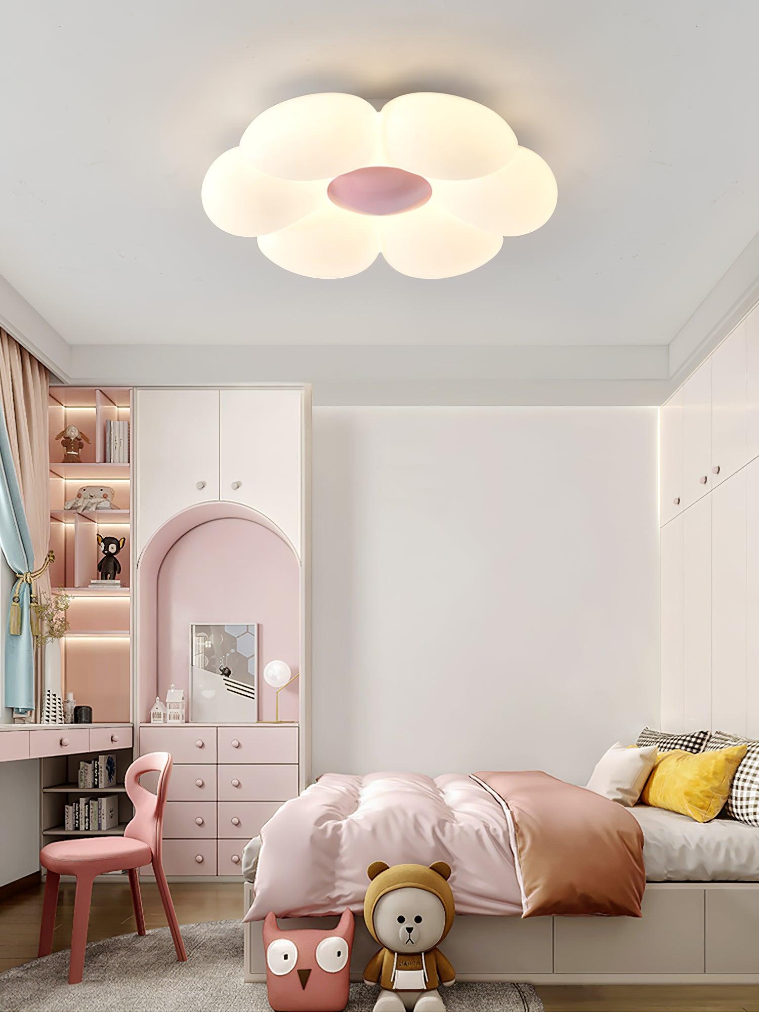 Flower-shaped ceiling light petals catching a gentle glow