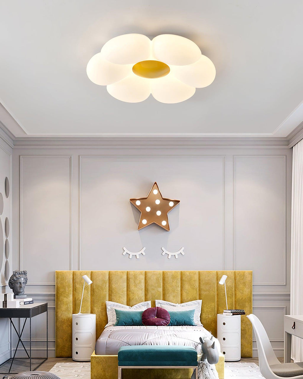 Flower ceiling light glowing softly in an evening room