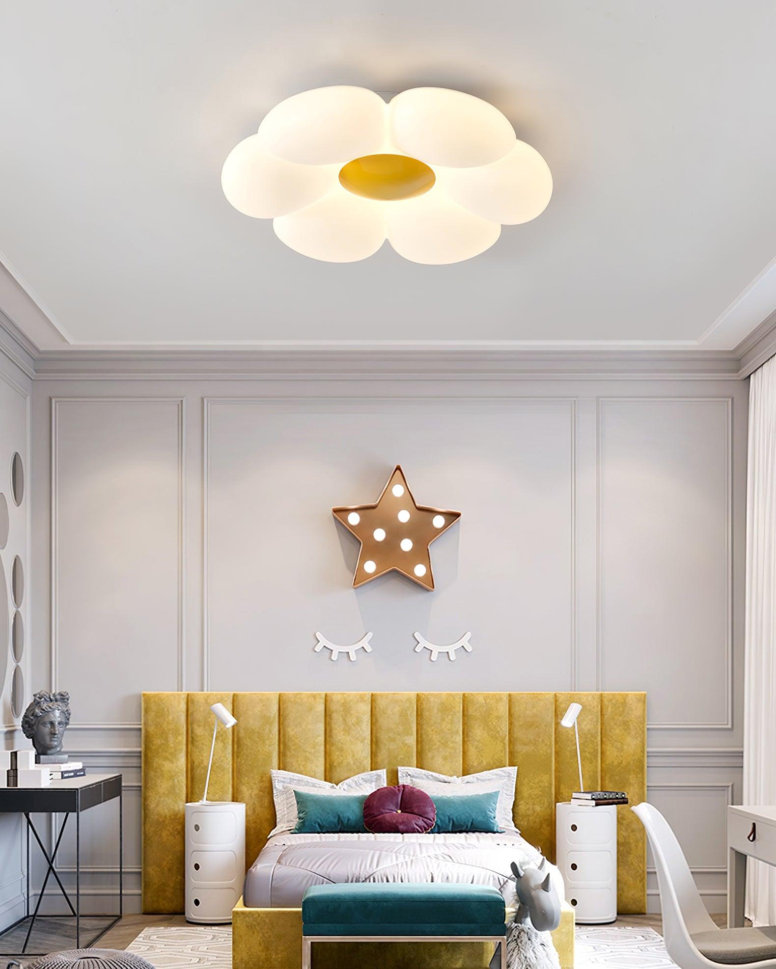 Flower ceiling light glowing softly in an evening room