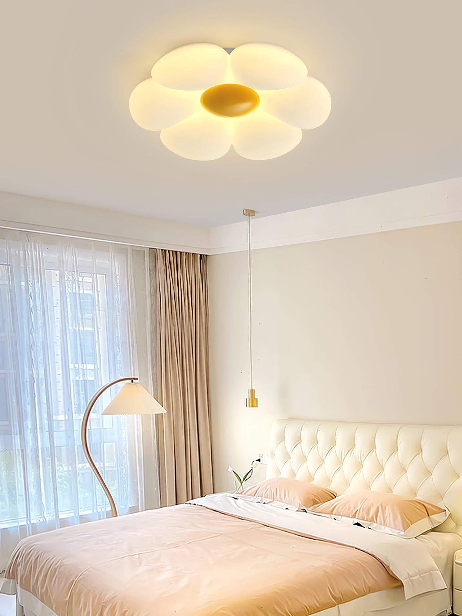 Blooming flower ceiling light mounted on a white ceiling