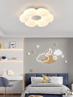 Six-petal ceiling light styled in a gentle neutral bedroom