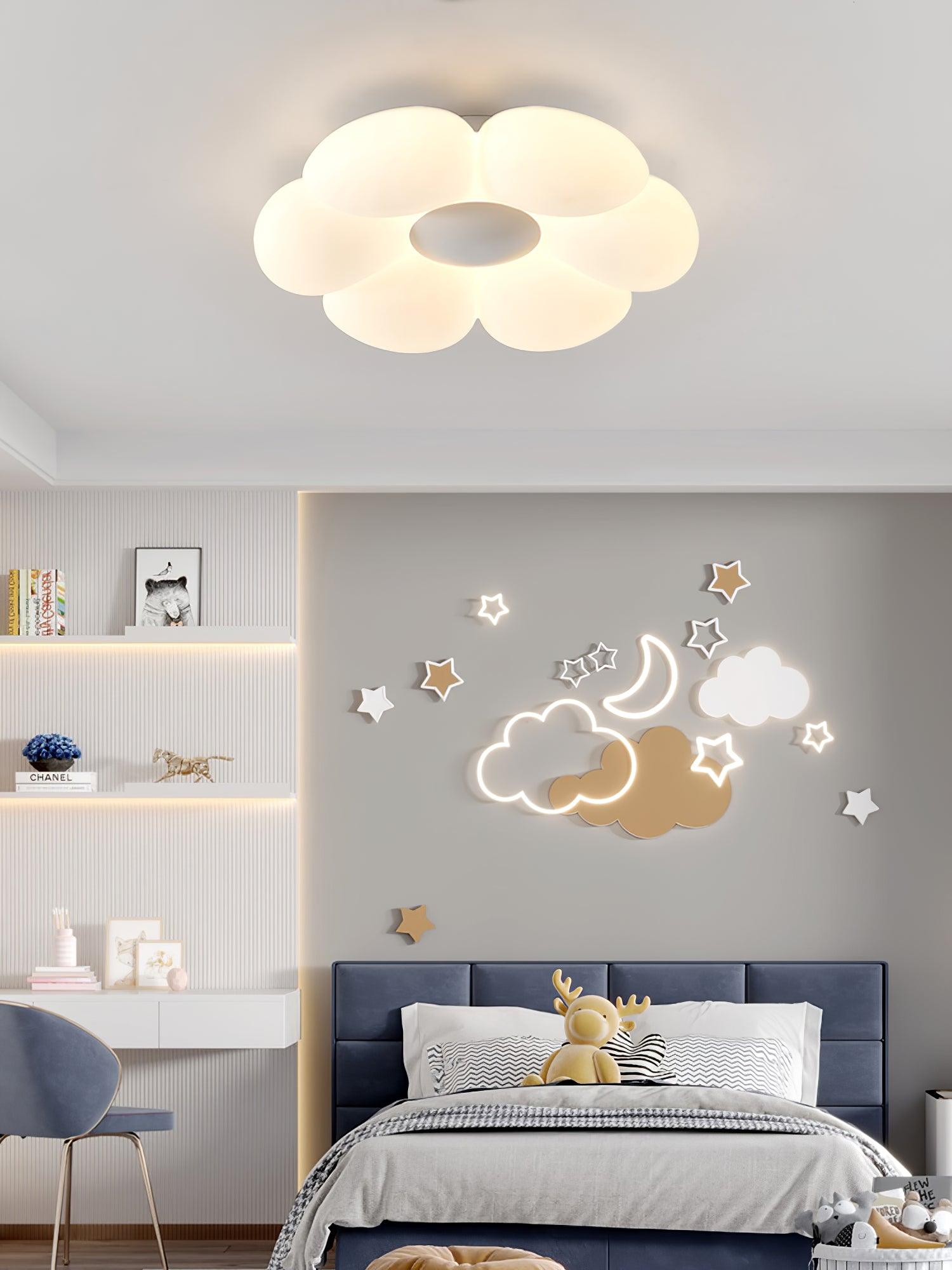 Six-petal ceiling light styled in a gentle neutral bedroom