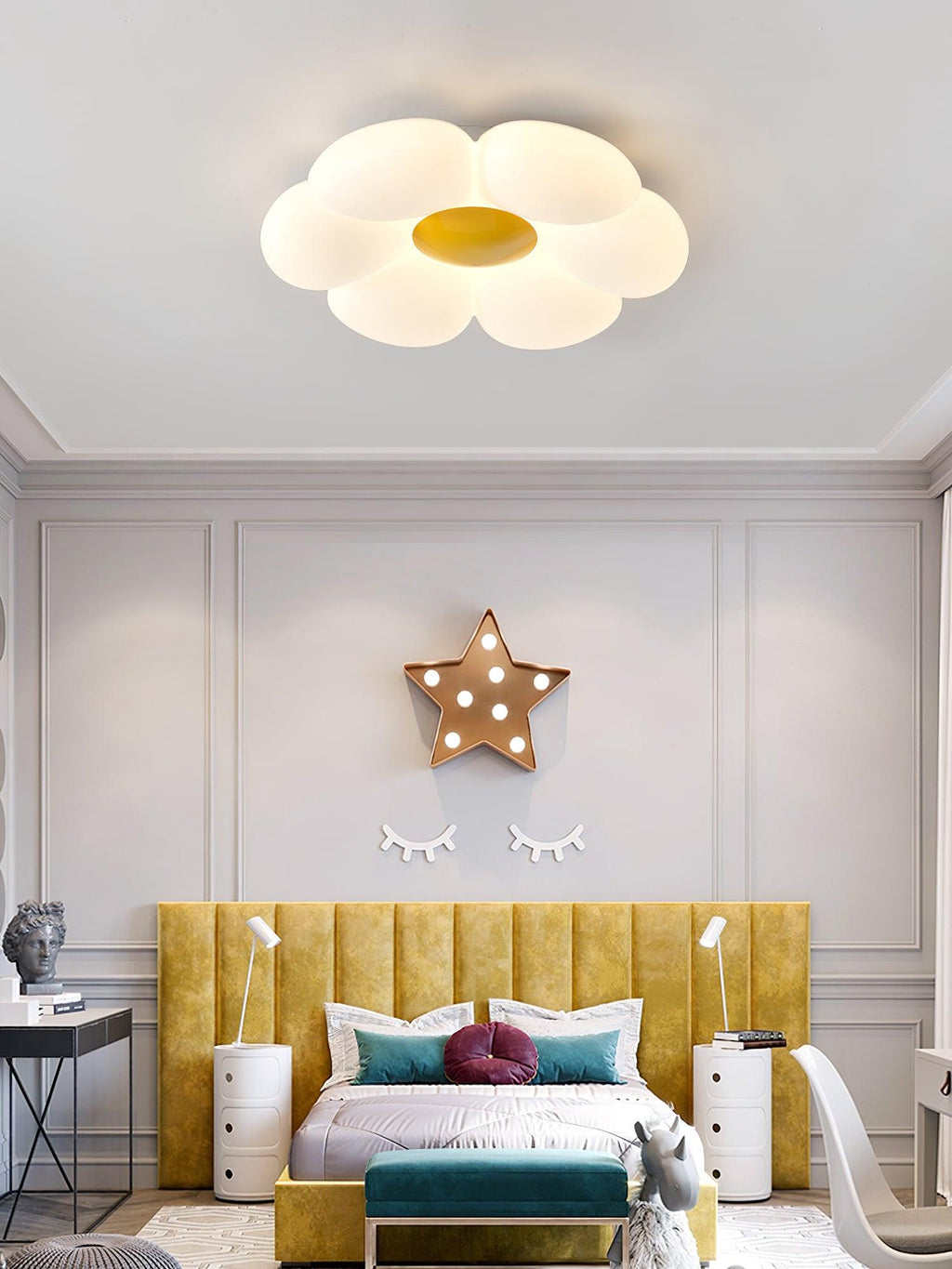 Flower ceiling light shown lit with even petal illumination
