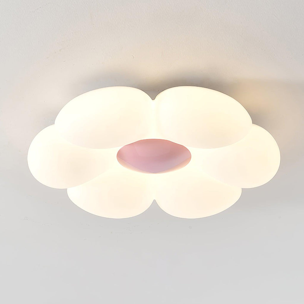 Flower-shaped ceiling light with white petal shade mounted overhead