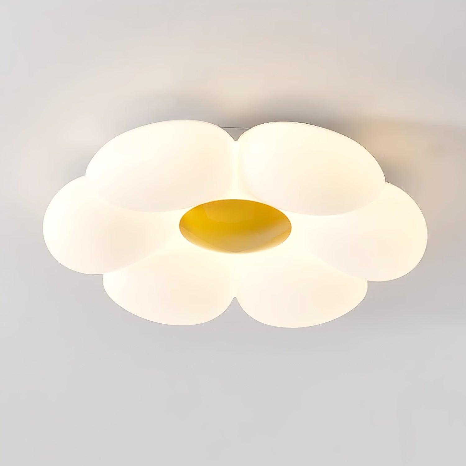 Blooming flower ceiling light lit warmly in a cozy bedroom