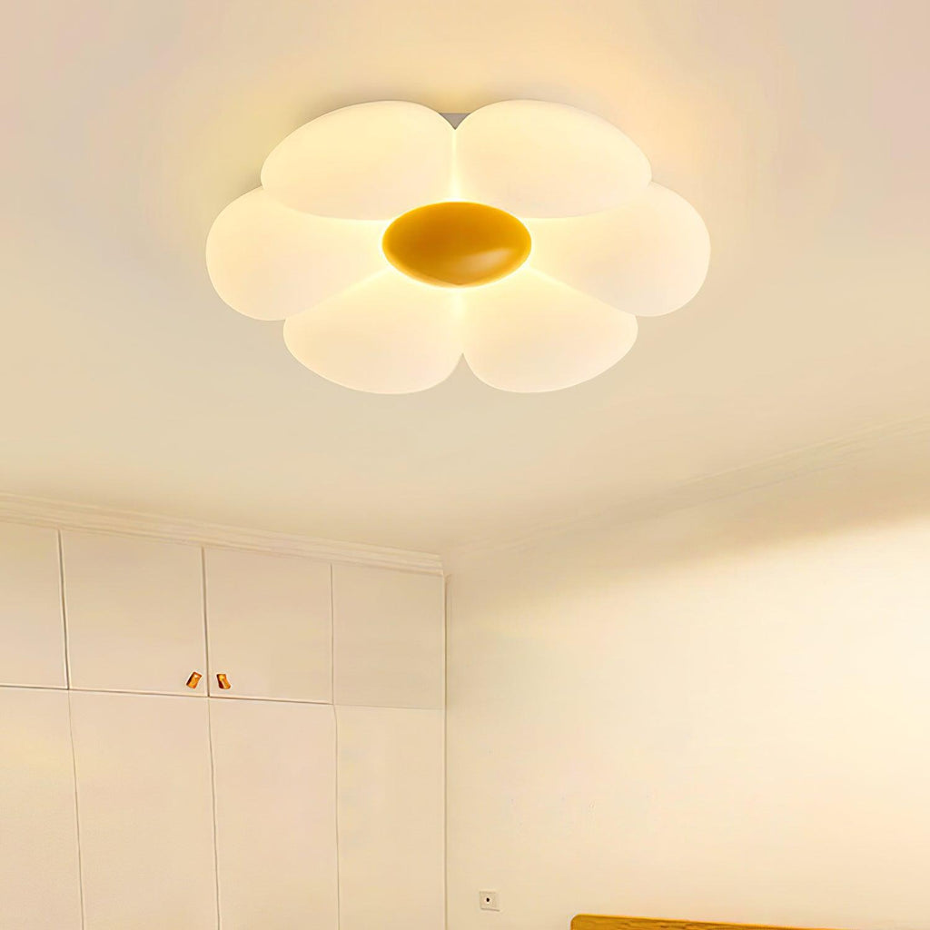 Six-petal flower ceiling light brightening a soft neutral room