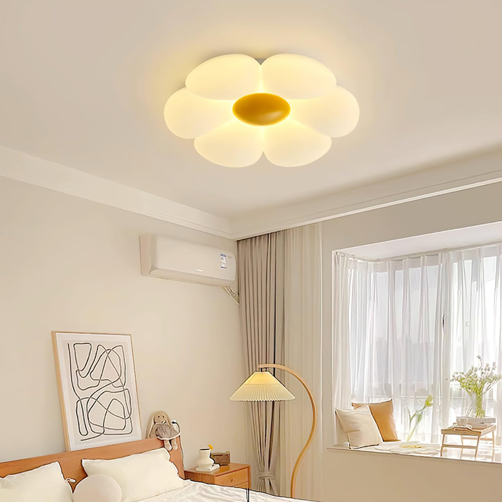 Blooming ceiling light mounted overhead in a calm bedroom