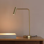 A stack of white books sits below this gold Clérachic table lamp, lit, on a wood table.