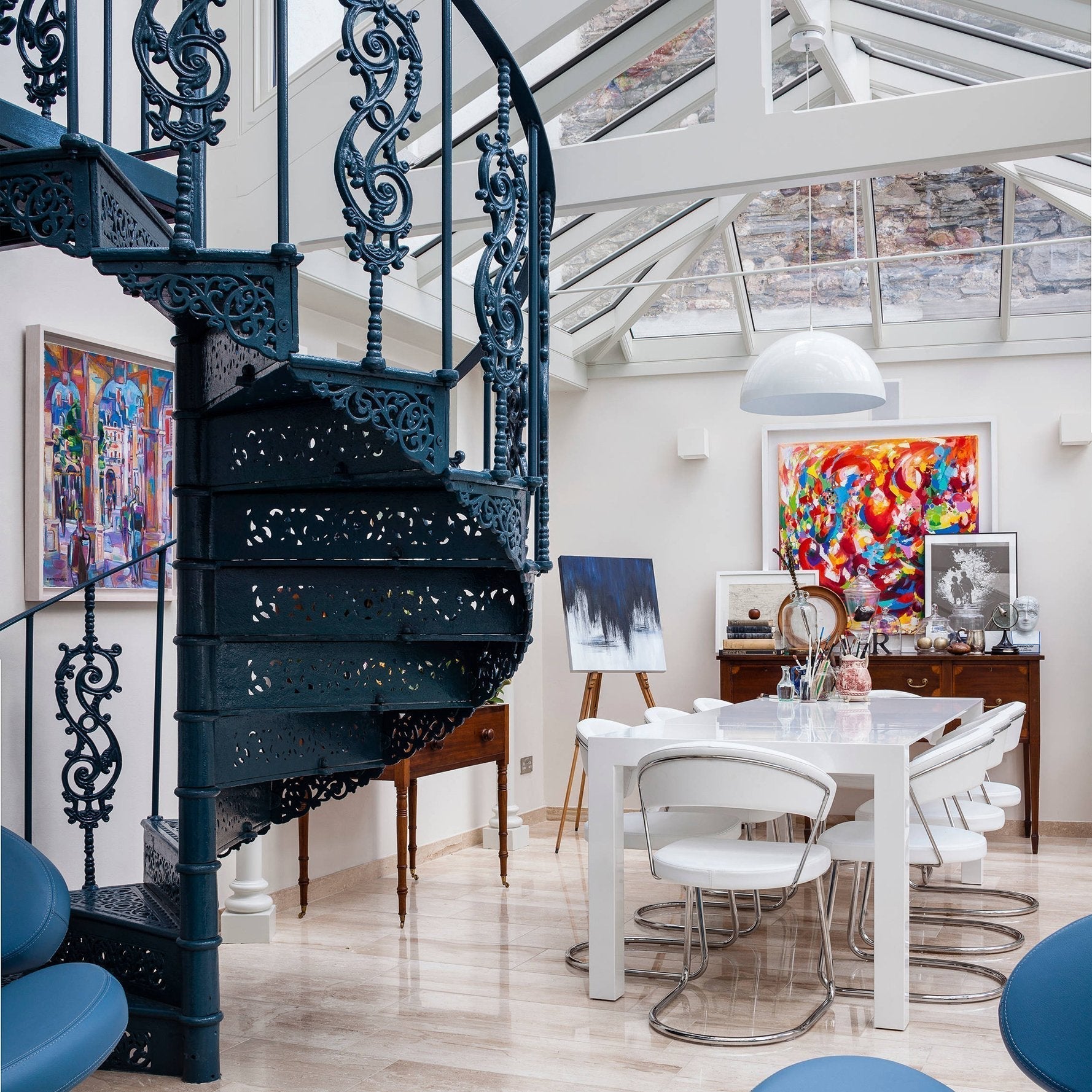 Hemisphere pendant light suspended in a warm interior setting