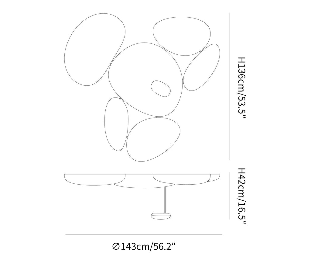 Dimension drawing for the Clérachic 6-head Chrome Ceiling Light: Ø143 cm / 56.2 in, H136 cm / 53.5 in, H42 cm / 16.5 in drop.