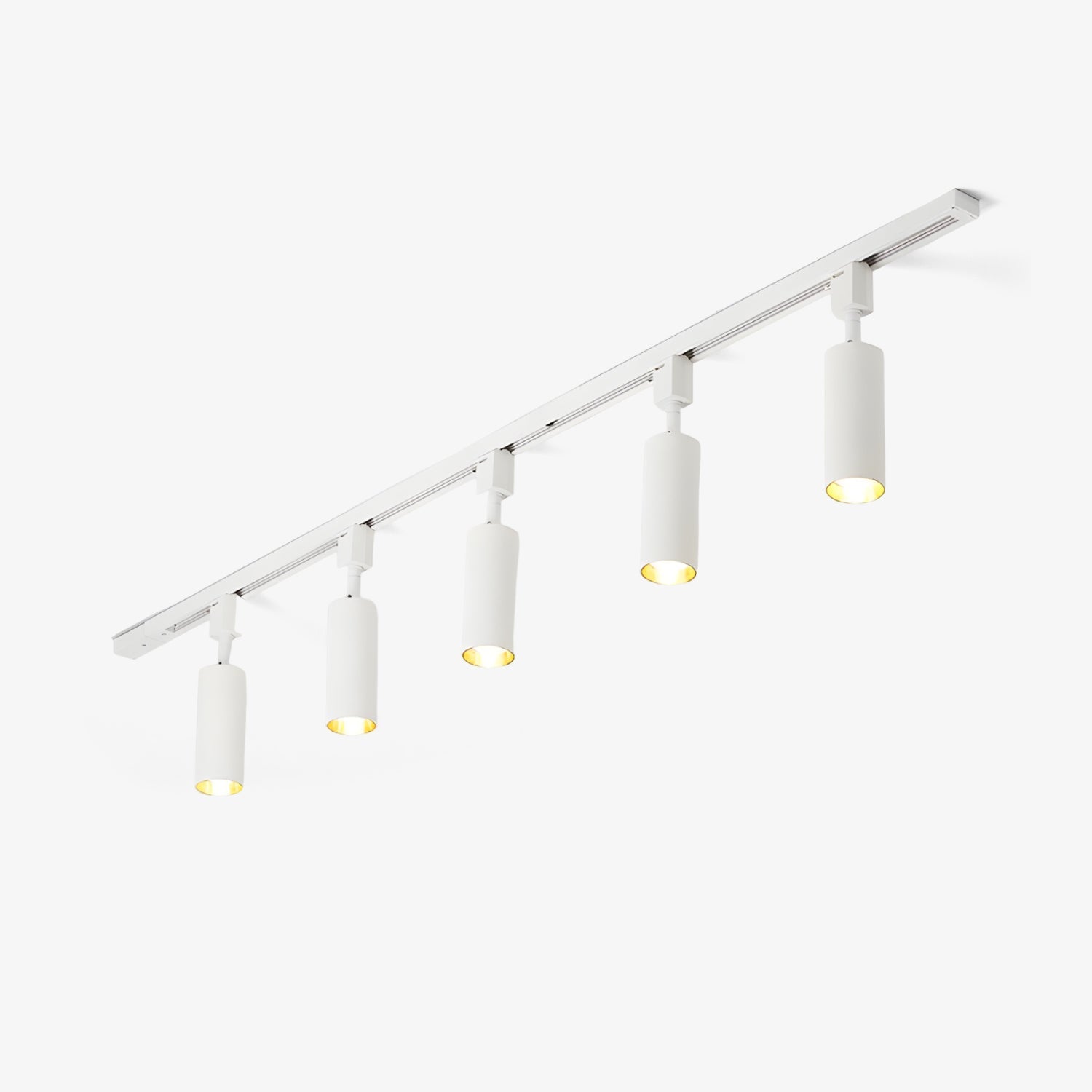 Track light with cylinder heads aimed across a gallery wall