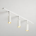 Track light with aluminium cylinders lighting a display area