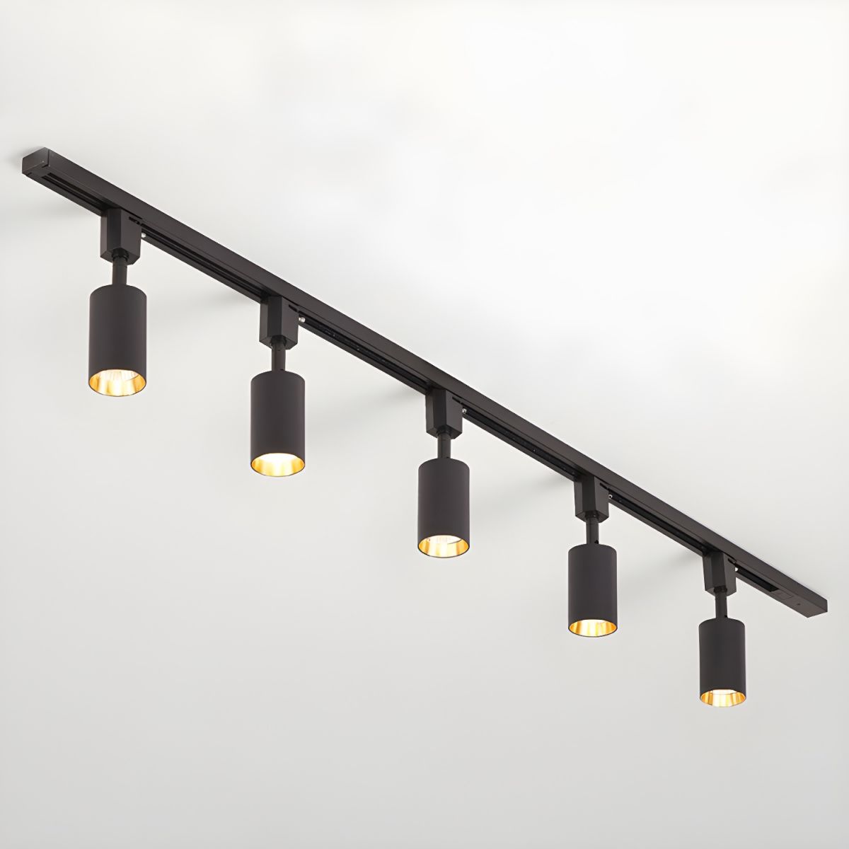 Cylinder track light spotlights aimed at framed artwork