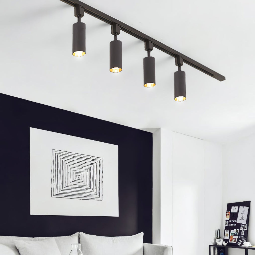 Black track light cylinders highlighting architectural detail