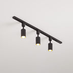 Track light spotlights casting focused beams onto a shelf