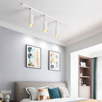 Track light with slim cylinders highlighting shelving units