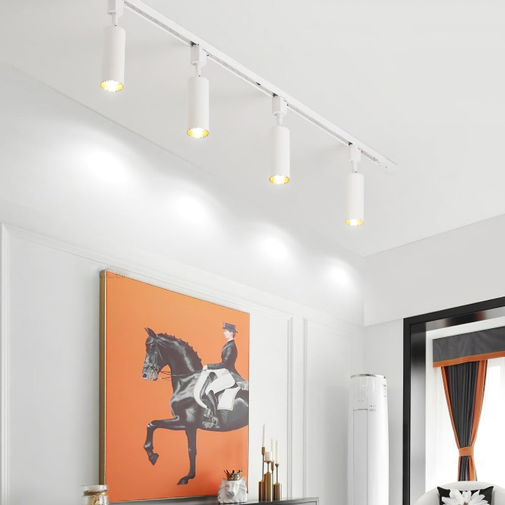White cylinder track light spotlights on a ceiling rail