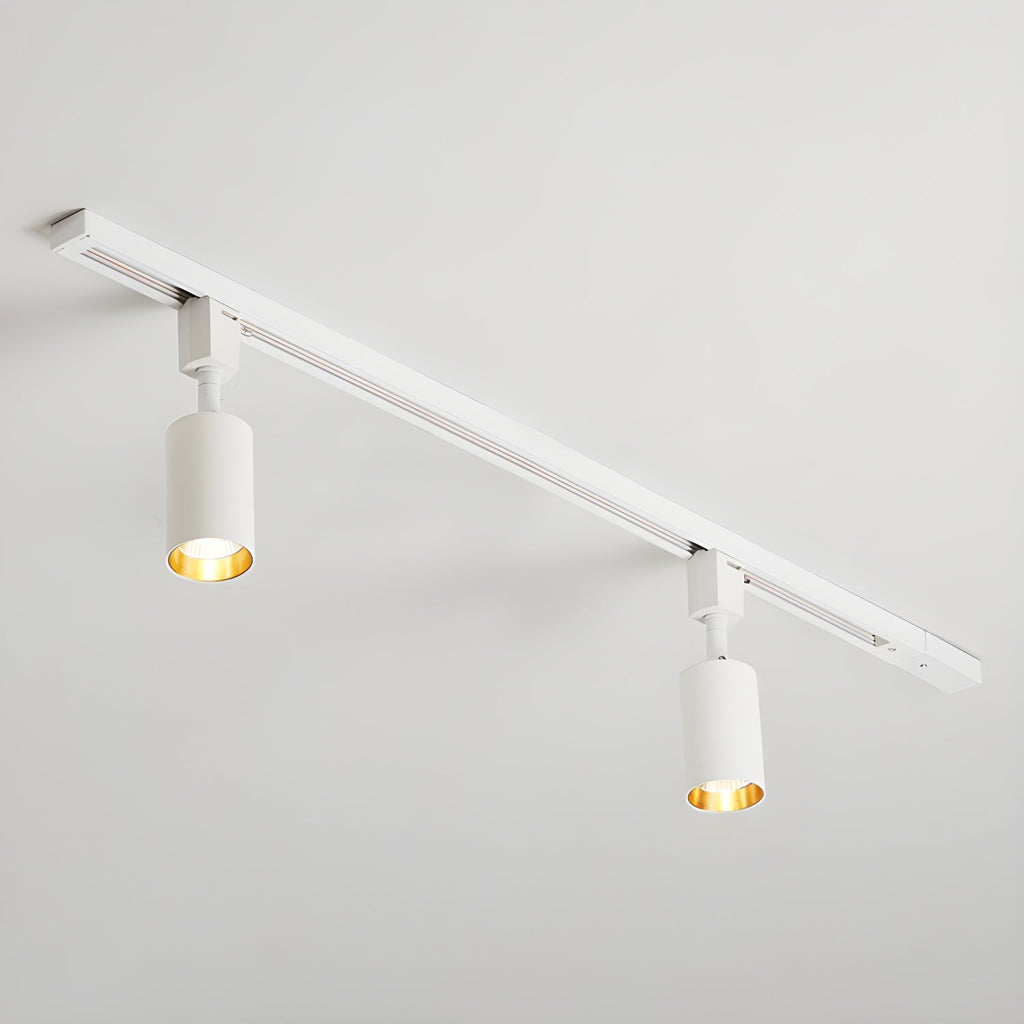 Black track light heads aimed at a wall in a modern room