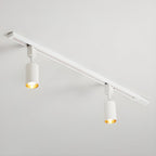 Black track light heads aimed at a wall in a modern room