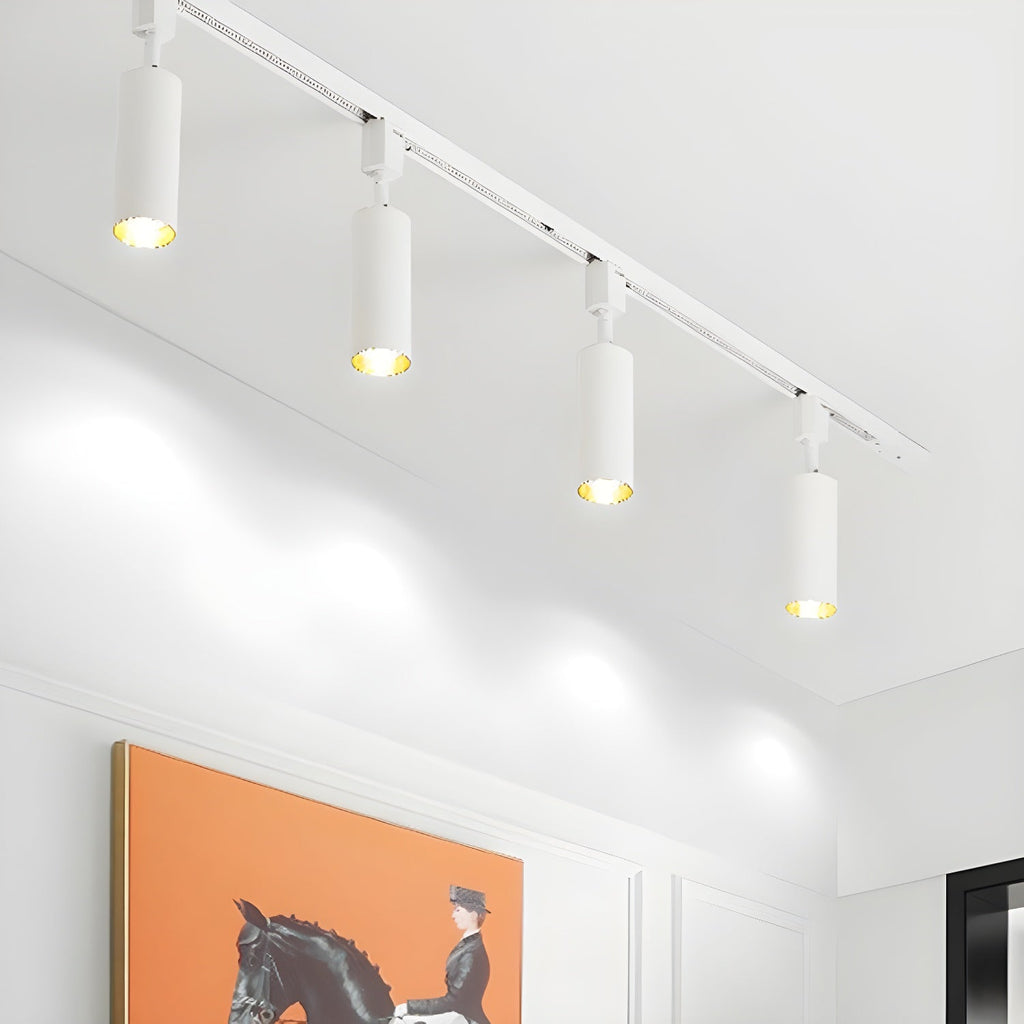 Cylinder track light spotlights shown in a bright interior