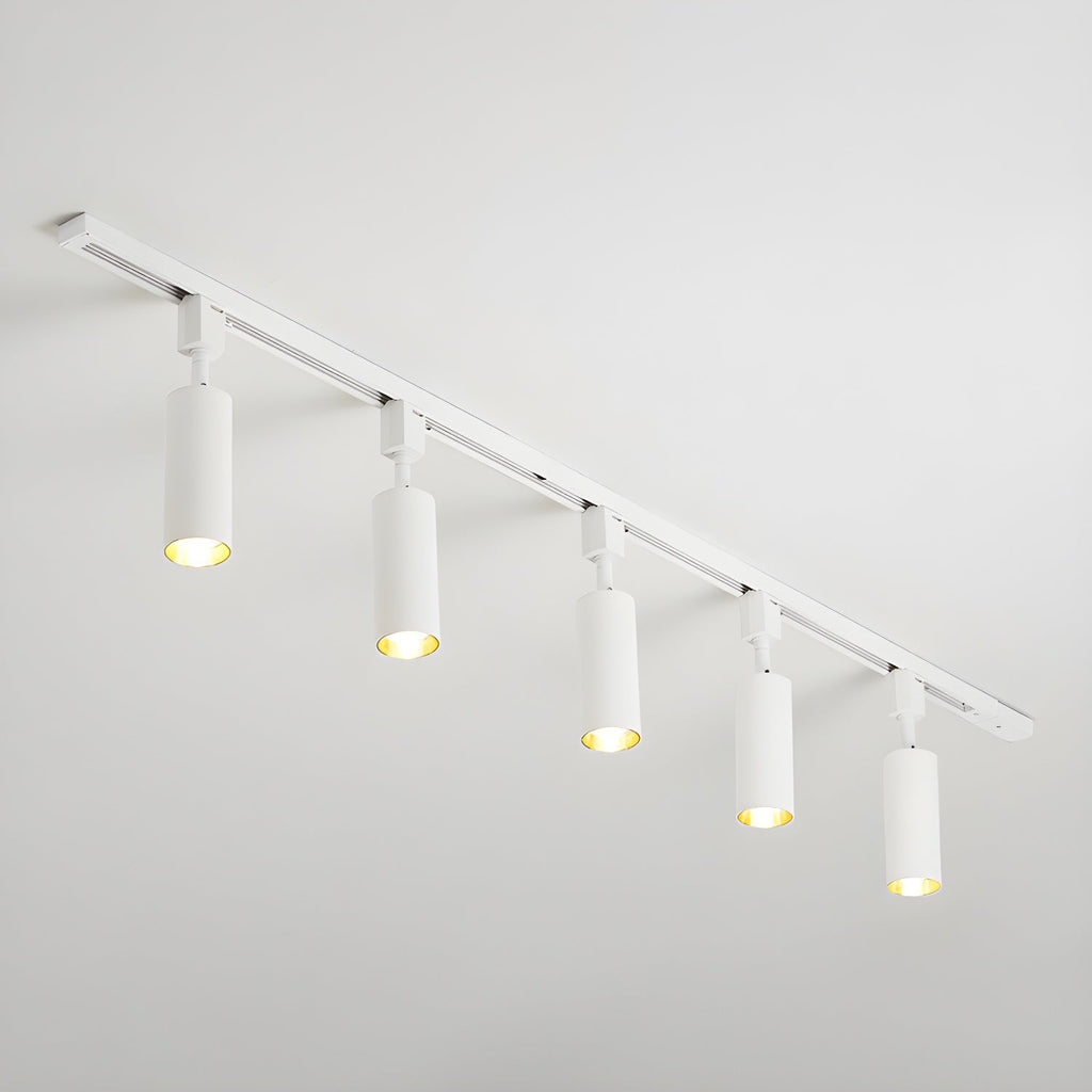 Aluminium cylinder spotlights on a ceiling track close-up