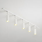 Aluminium cylinder spotlights on a ceiling track close-up