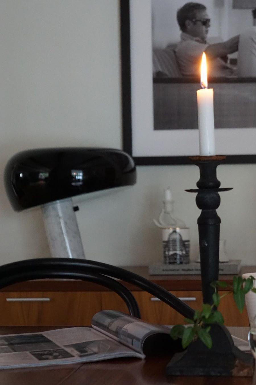 Marble table lamp with a curved glazed metal shade