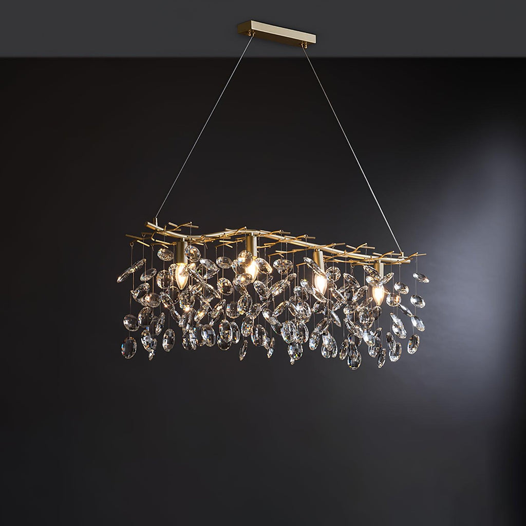 The rectangular version on dark grey, crystals hanging in a straight run beneath a brass bar.