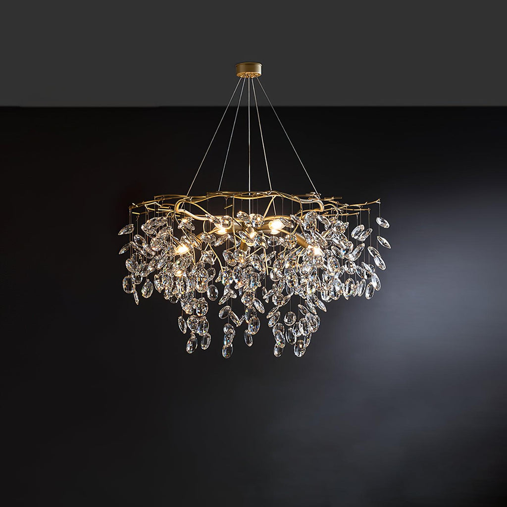 A fuller round version on dark grey, crystal petals massed more densely under the lit frame.