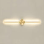 Slim metal linear wall sconce glowing in a contemporary lounge
