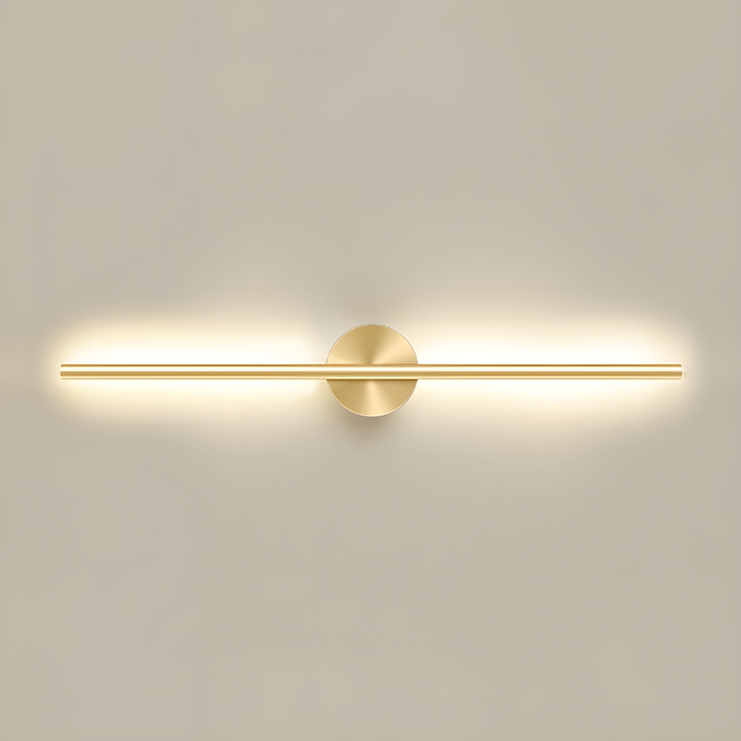 Slim metal linear wall sconce glowing in a contemporary lounge