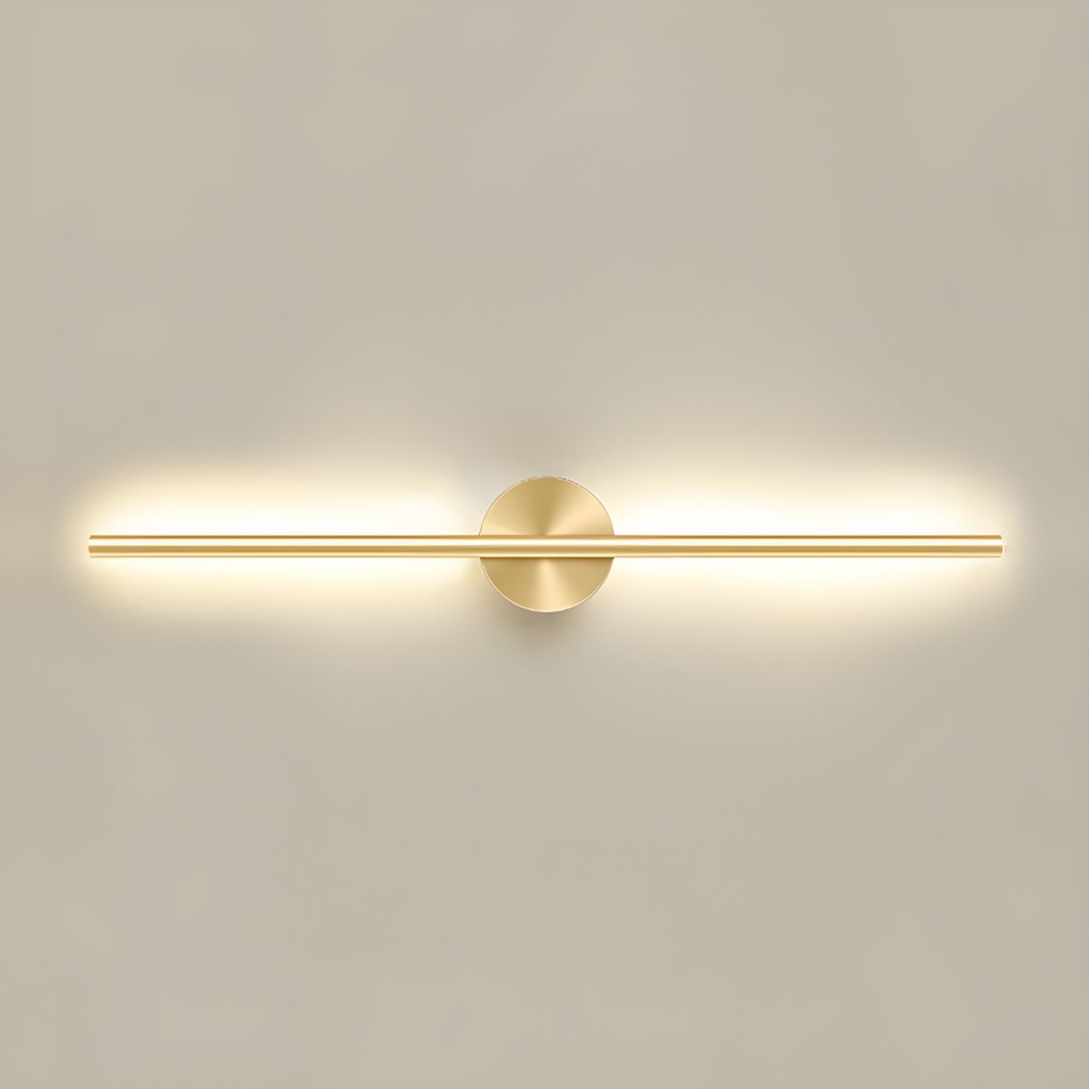Linear wall sconce with warm LED light beside a living room sofa