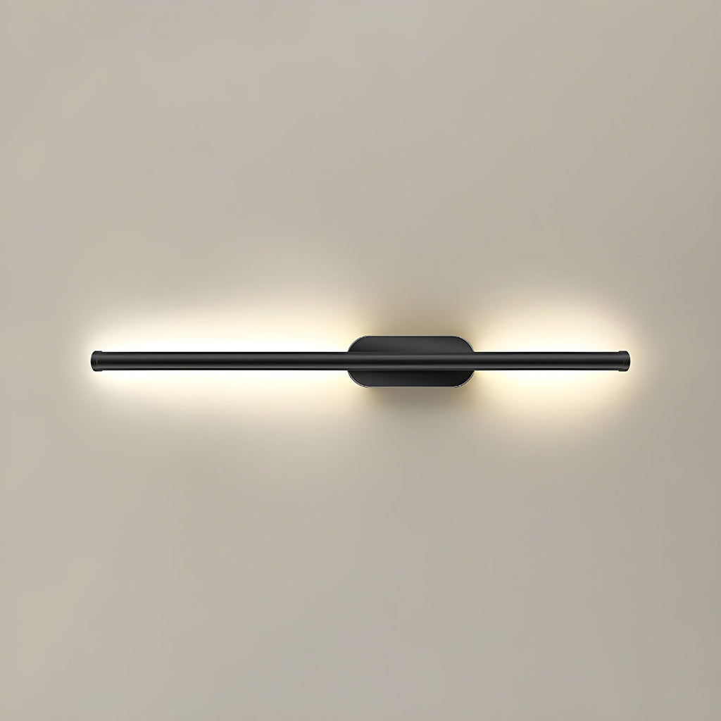 Linear LED sconce mounted vertically beside a bedroom headboard