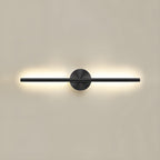 Slim linear wall sconce in gold finish glowing along a hallway