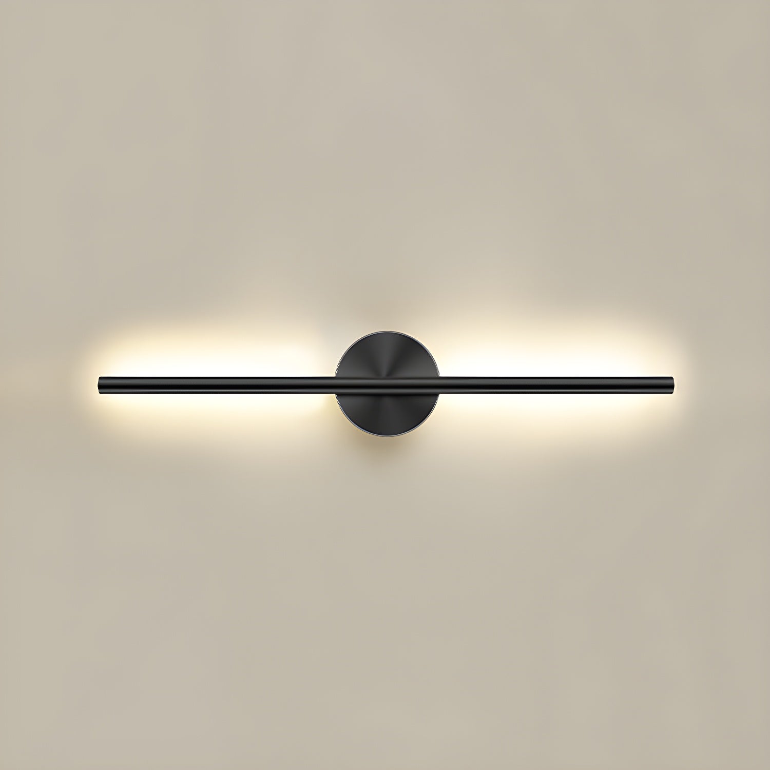 Slim linear wall sconce in gold finish glowing along a hallway