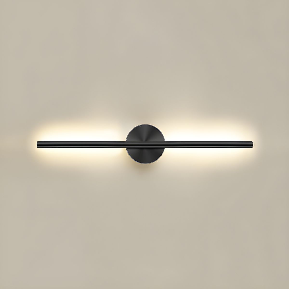 Black linear LED wall sconce illuminating a modern interior wall