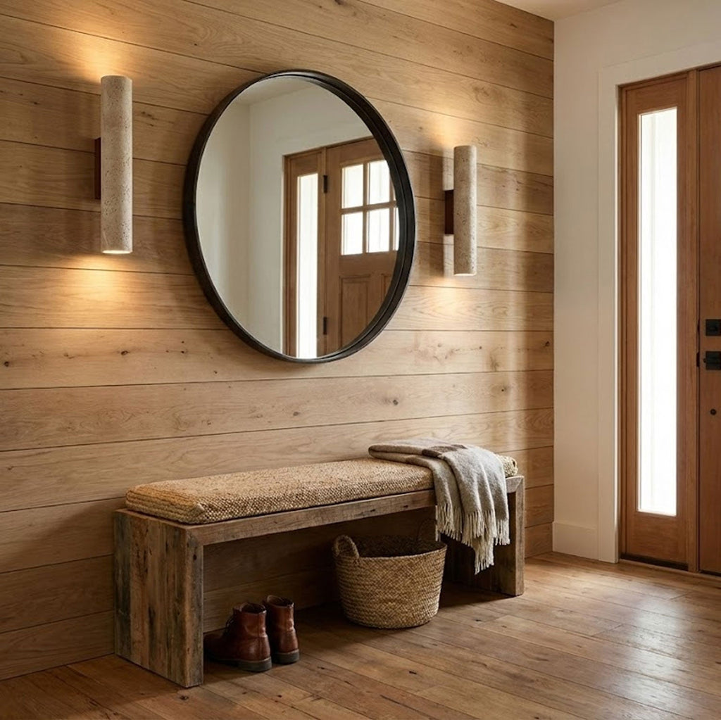 A round mirror and entry bench sit between two of this Clérachic wall light, lit, on a planked wall.
