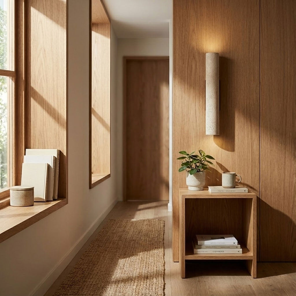 A small wood side table with a plant sits below this Clérachic wall light, lit, in a sunlit hallway.