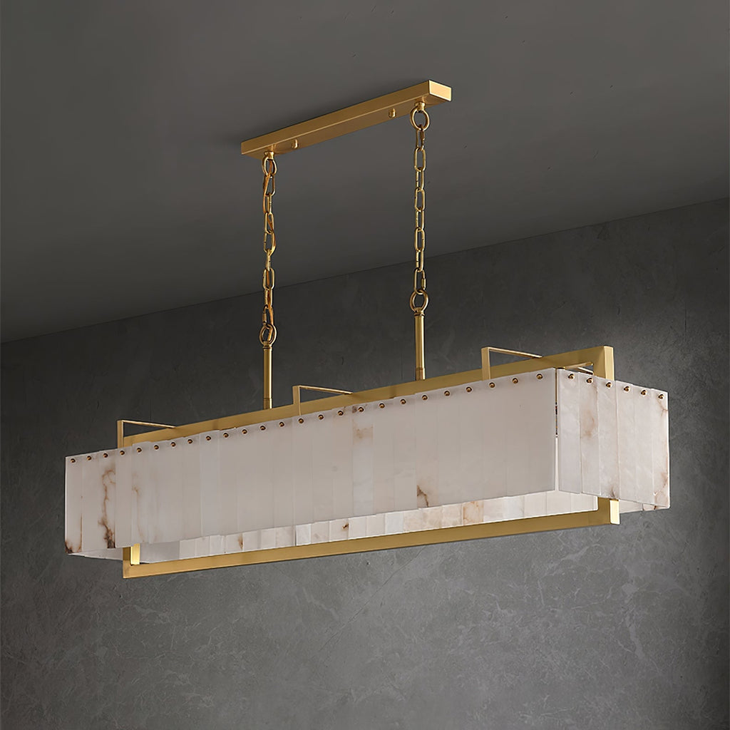 The chandelier on dark grey seen at an angle, showing the depth of the alabaster panel cage.