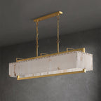 The chandelier on dark grey seen at an angle, showing the depth of the alabaster panel cage.