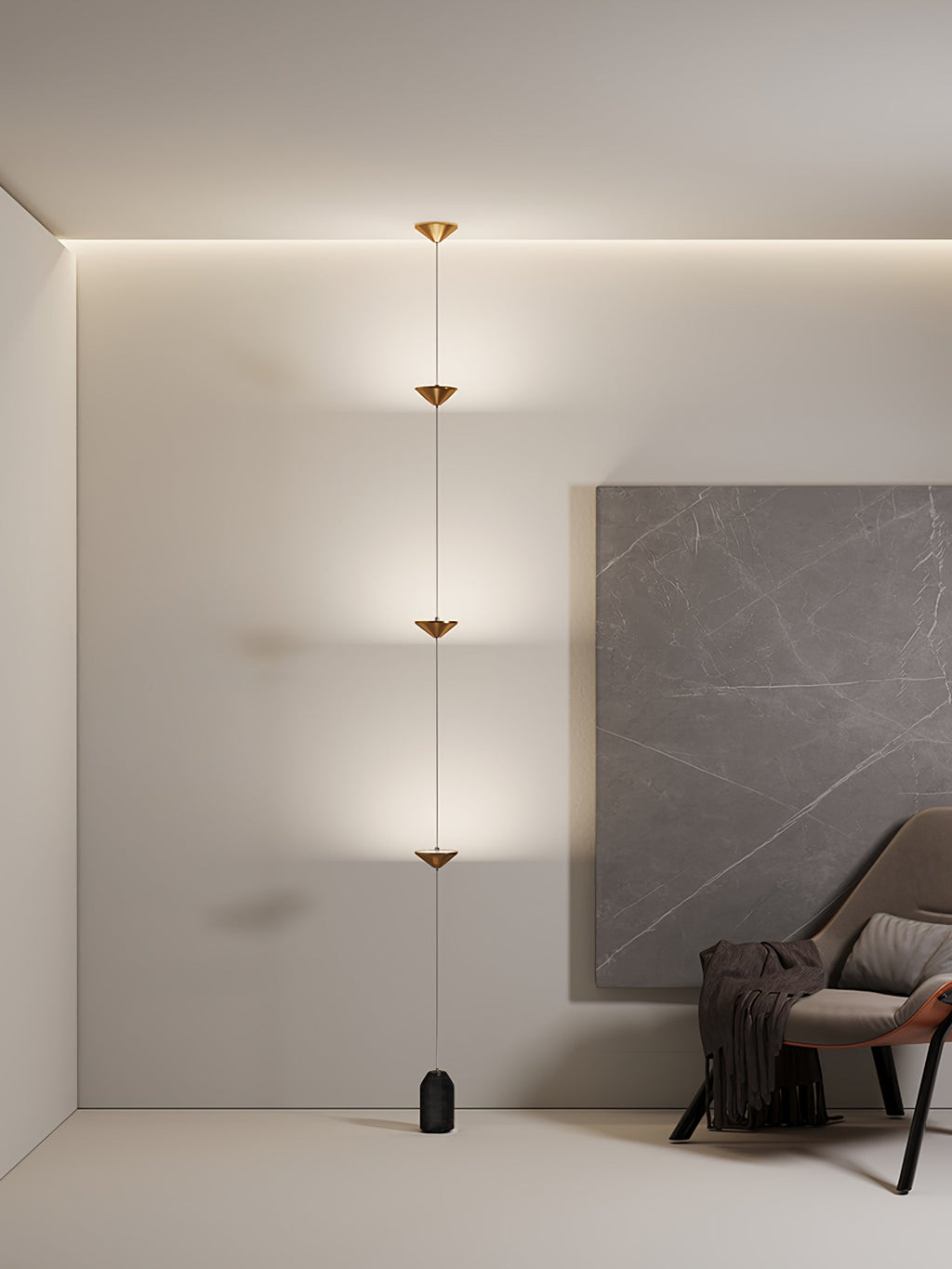 Floor lamp with gold conical shades and matte black marble base