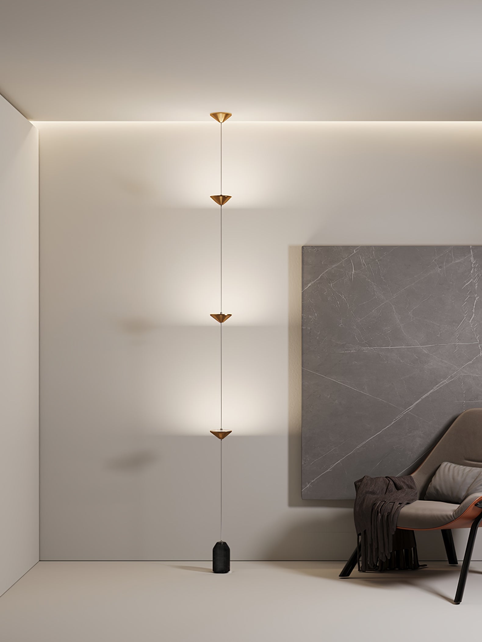 Floor lamp with gold conical shades and matte black marble base